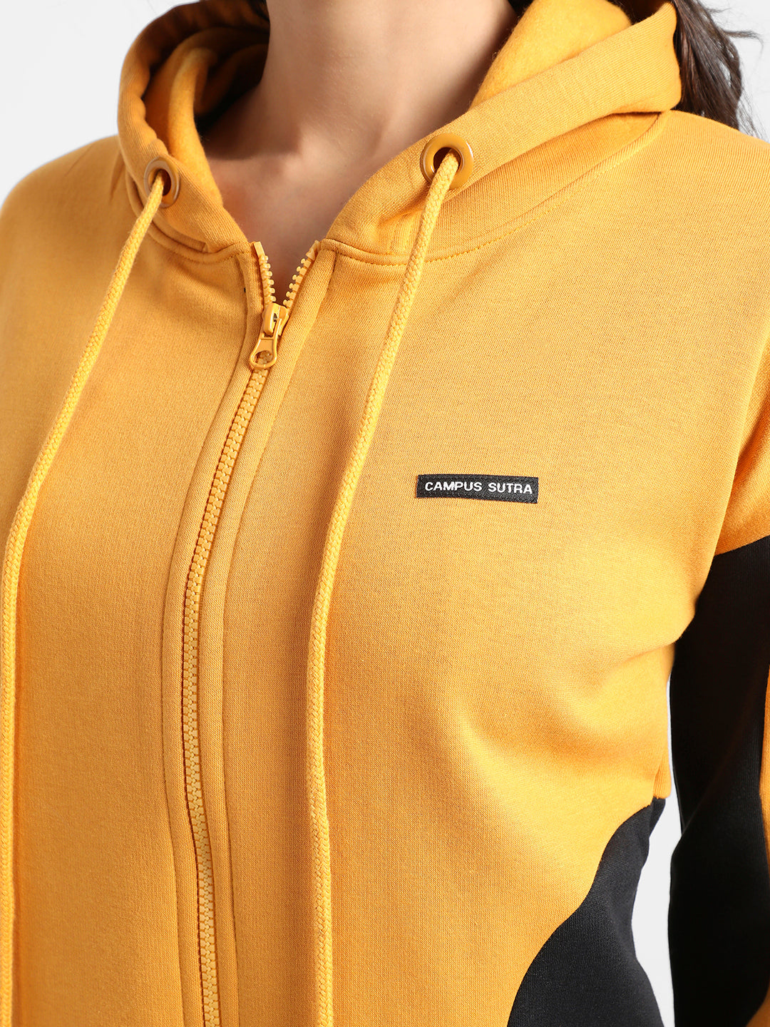 Mustard Yellow Colourblocked Crop Hoodie With Zip-Closure