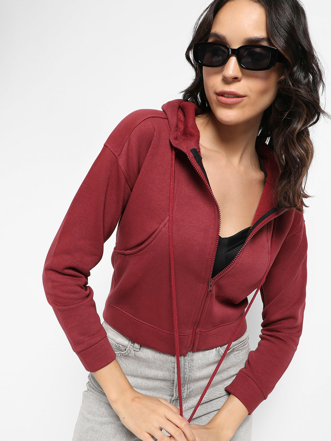 Solid Crop Hoodie With Zip-Closure