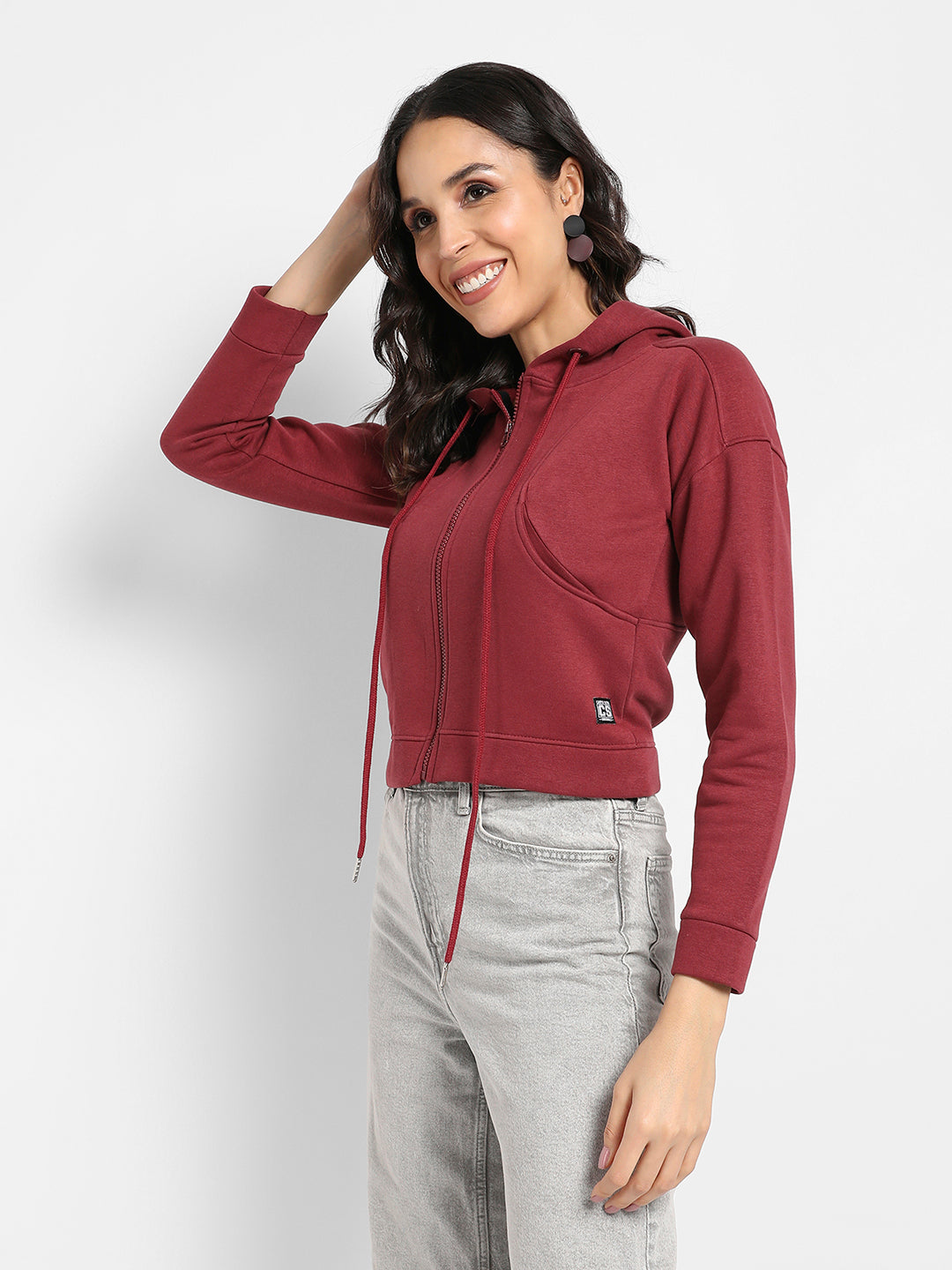 Solid Crop Hoodie With Zip-Closure