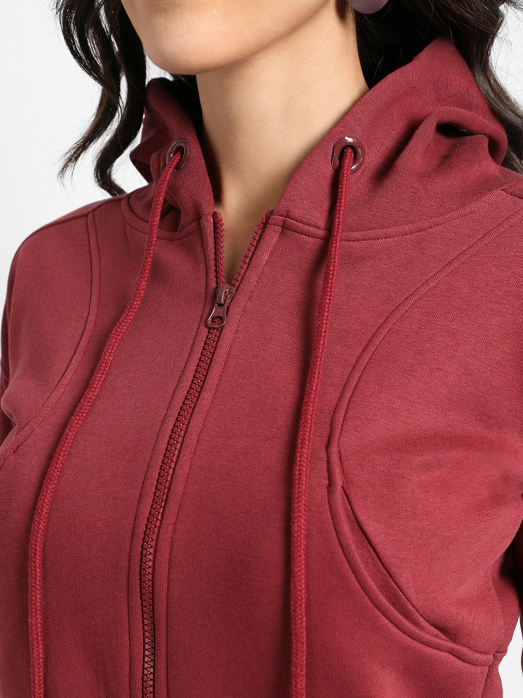 Maroon Solid Crop Hoodie With Zip-Closure