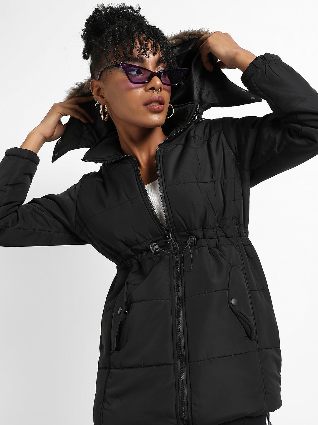 Black Puffer Jacket With Detachable Fur Hood