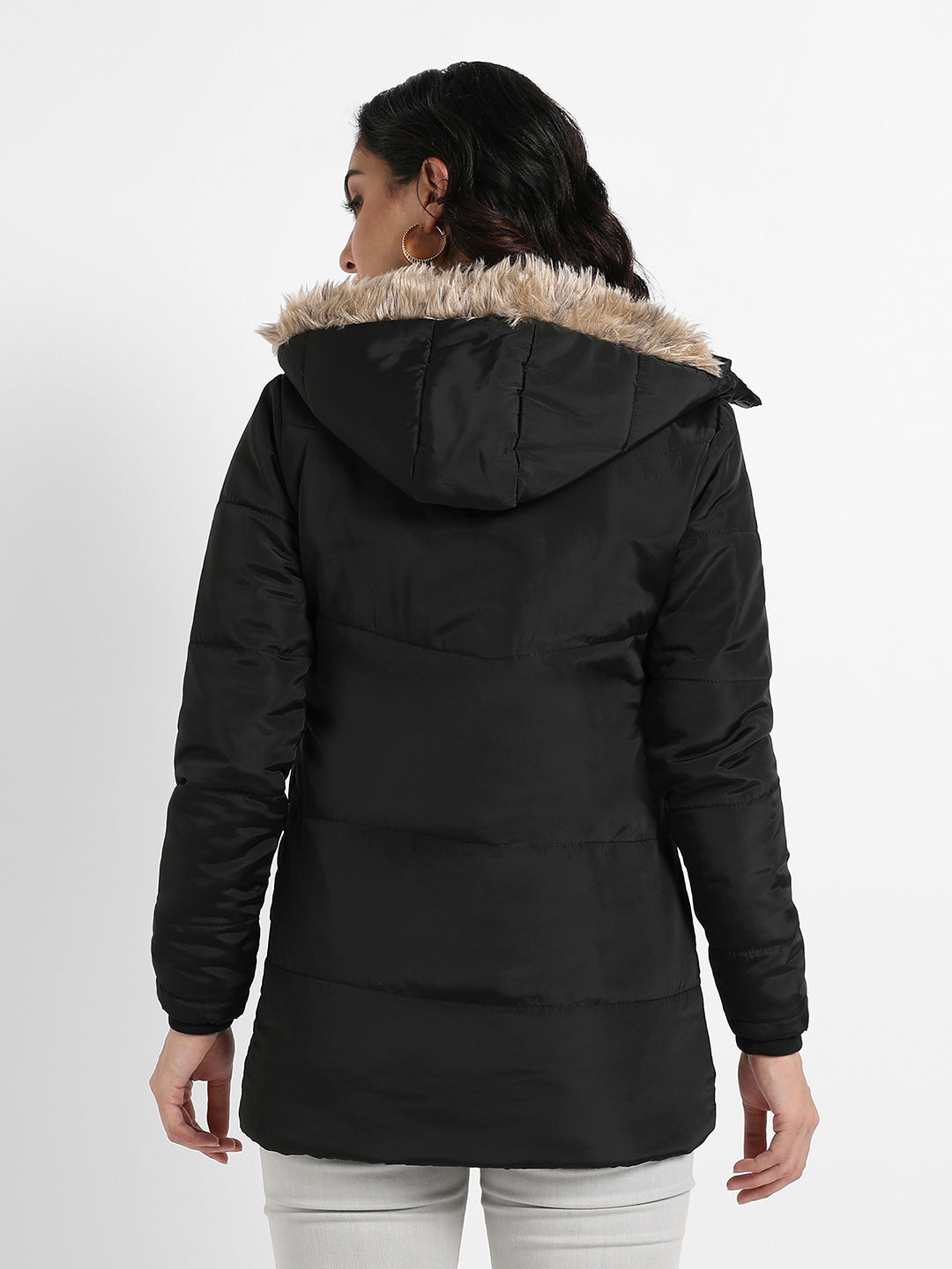 Zip-Front Puffer Jacket With Fur Detail