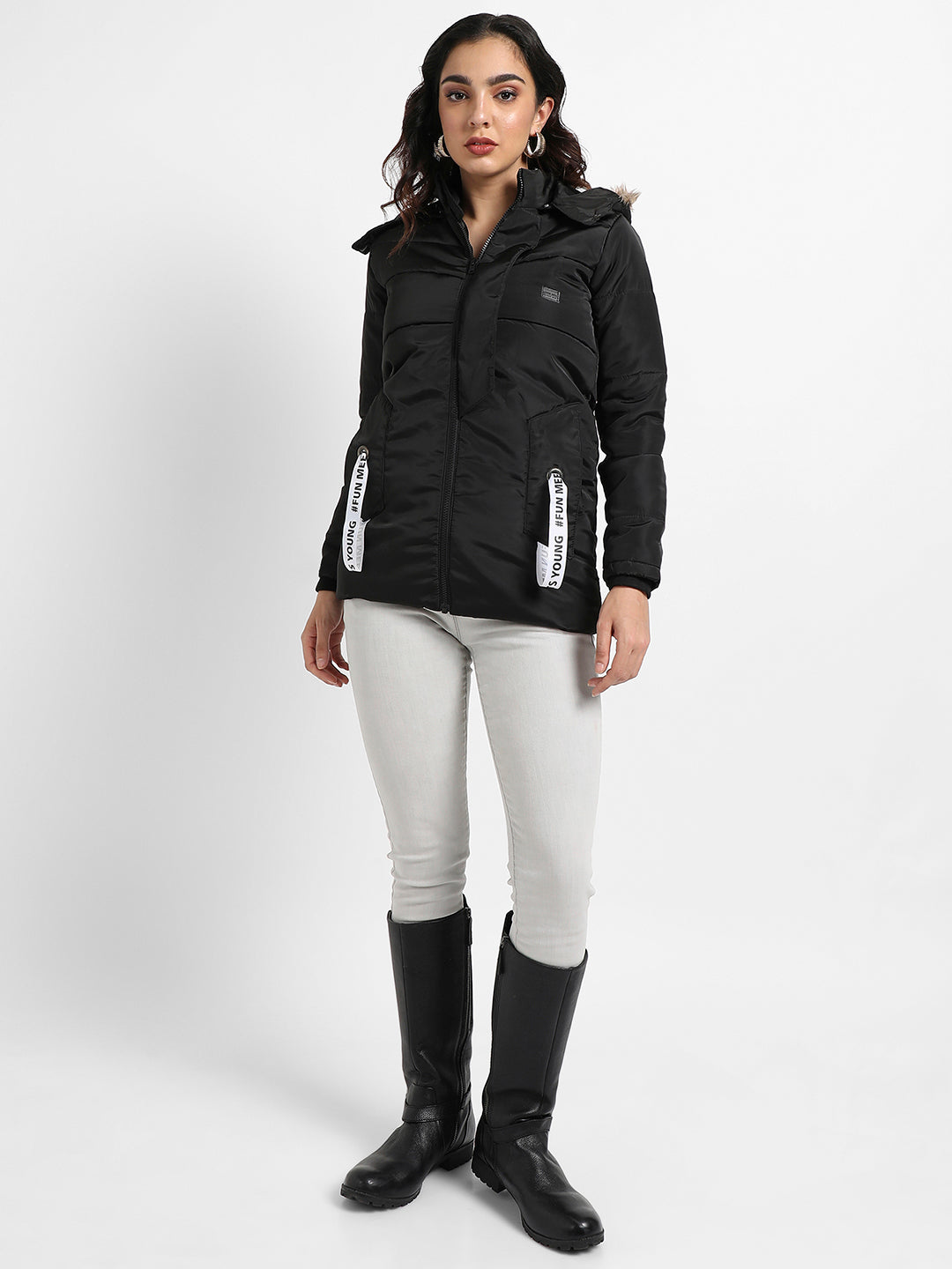 Zip-Front Puffer Jacket With Fur Detail