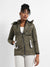 Olive Green Long Puffer Jacket With Fur Detail