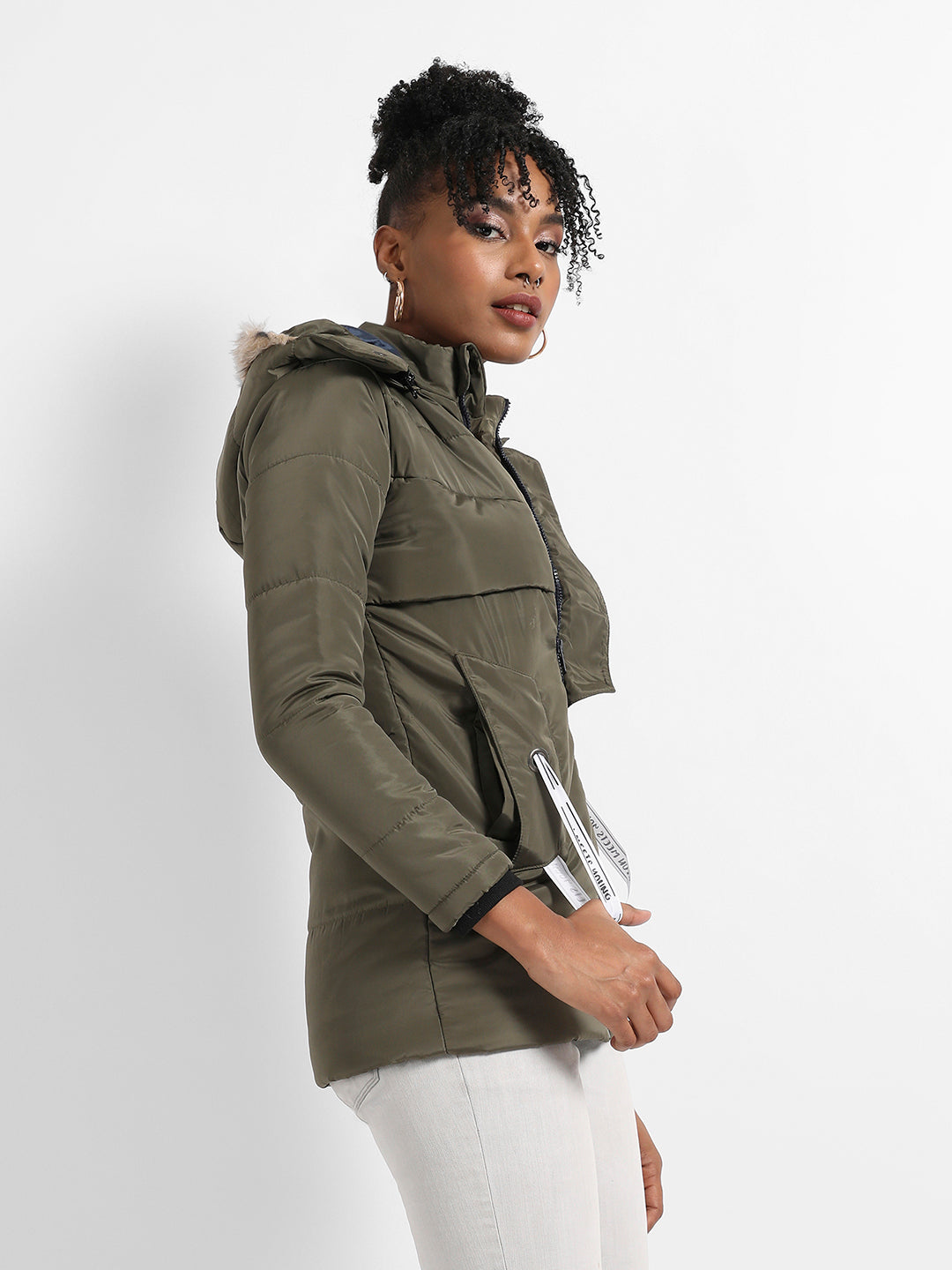 Long Puffer Jacket With Fur Detail