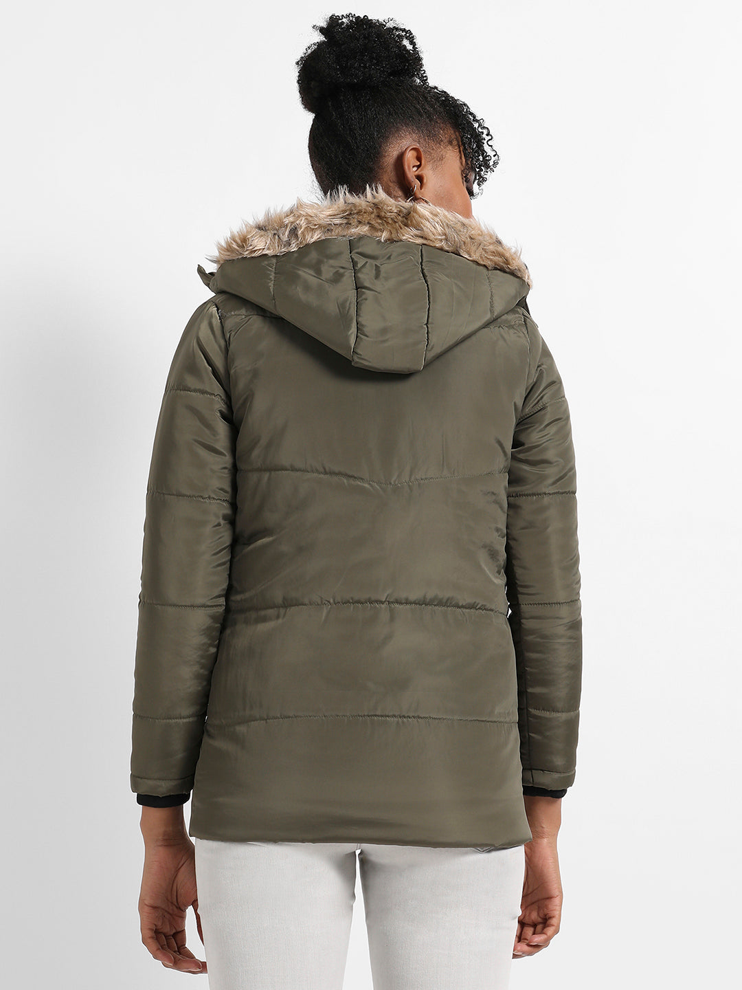 Long Puffer Jacket With Fur Detail