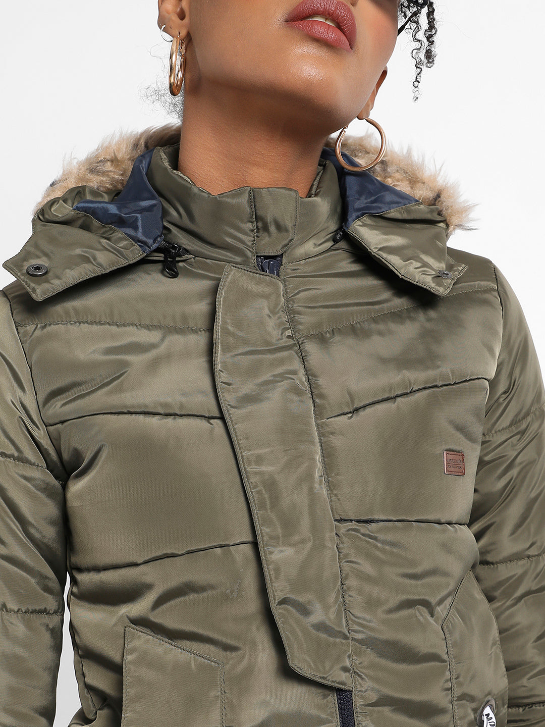 Olive Green Long Puffer Jacket With Fur Detail