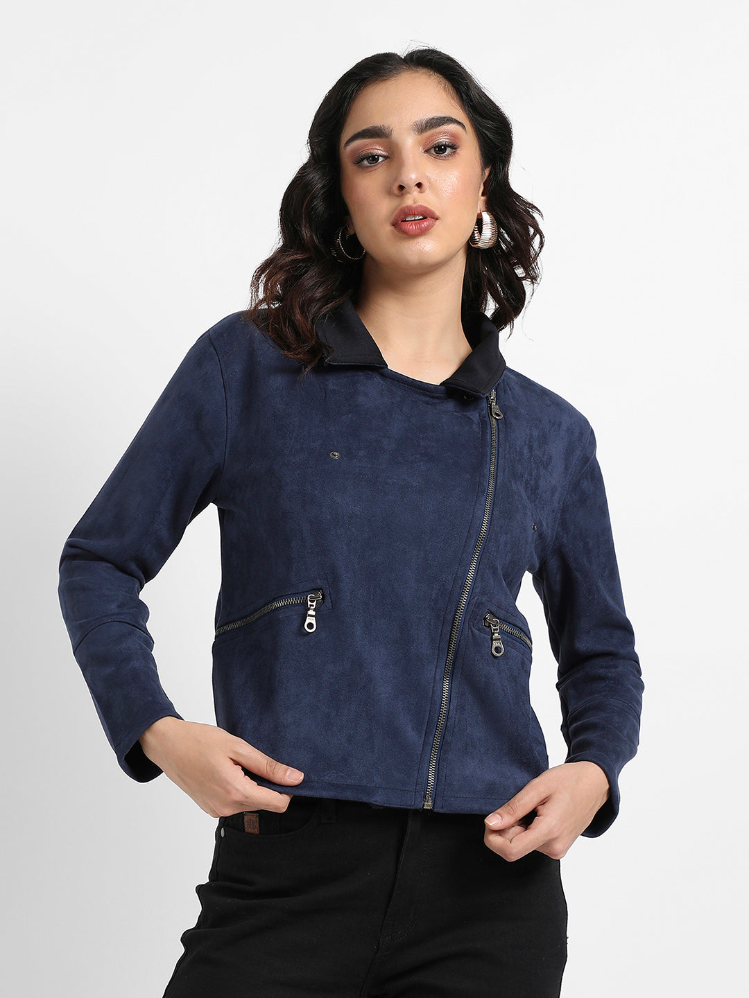 Zip-Front Biker Jacket With Contrast Collar