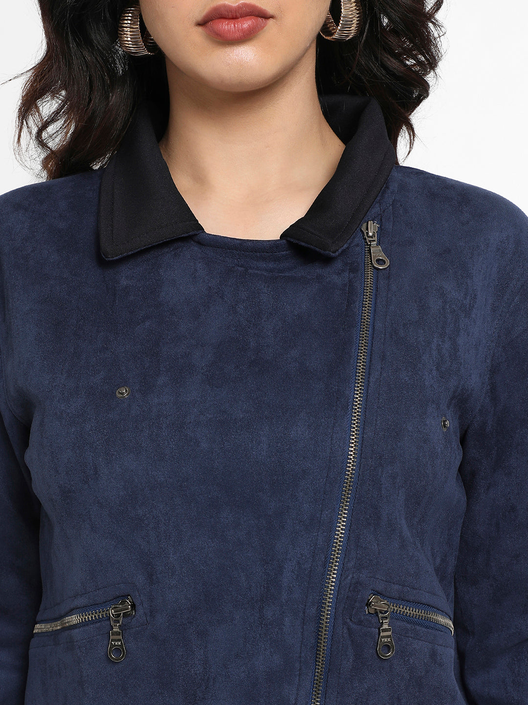 Blue Zip-Front Biker Jacket With Contrast Collar