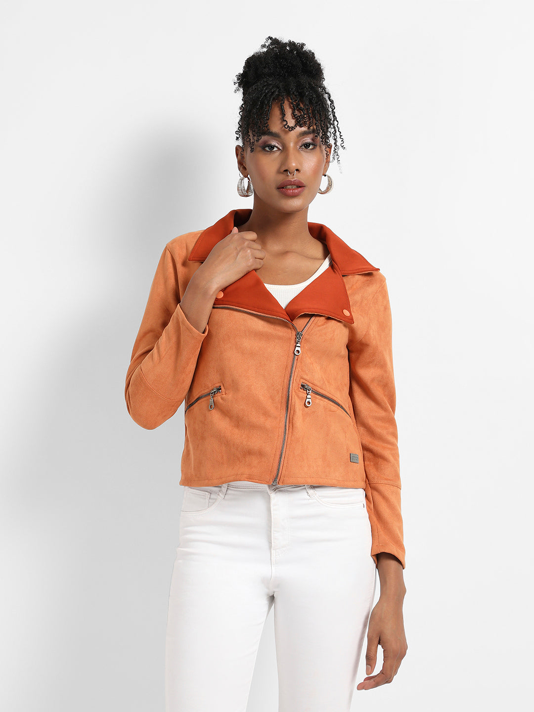 Zip-Front Biker Jacket With Contrast Collar