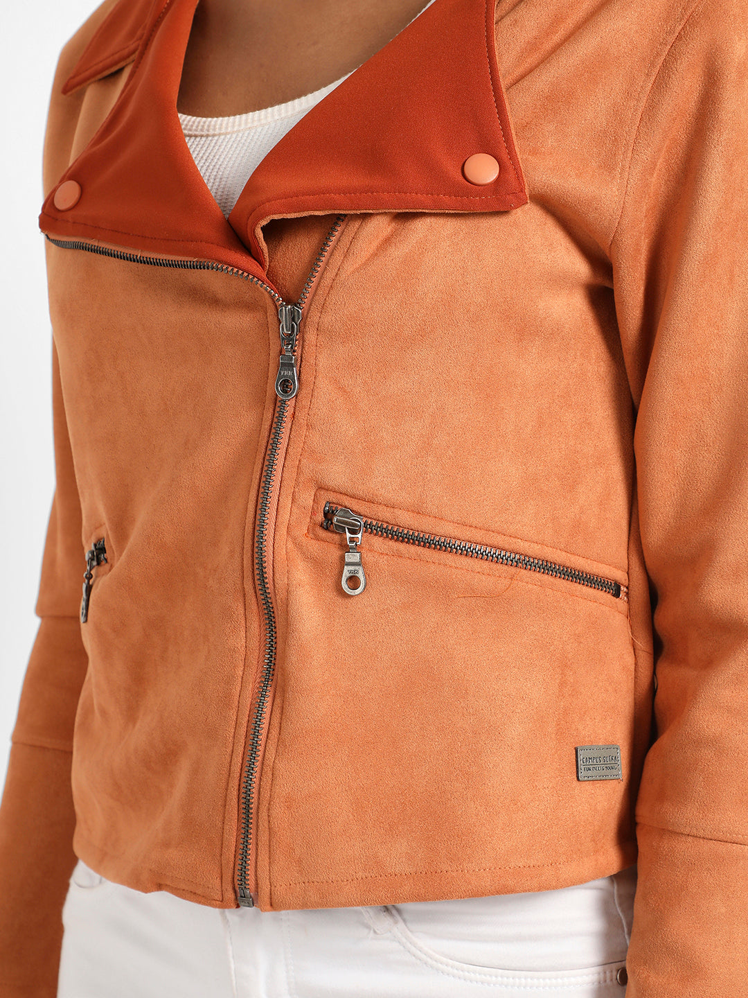 Brown Zip-Front Biker Jacket With Contrast Collar