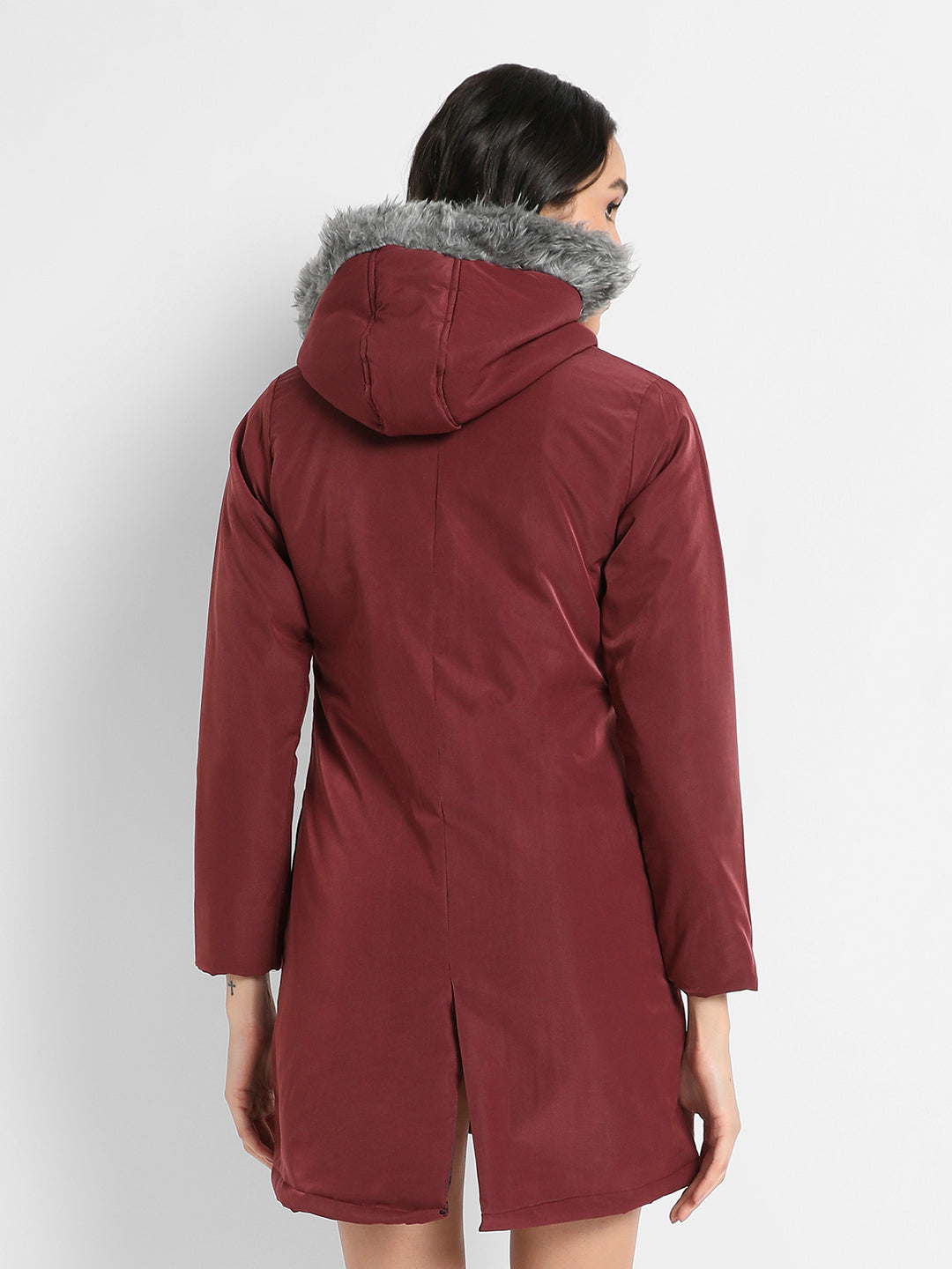 Long Puffer Jacket With Fur Detail