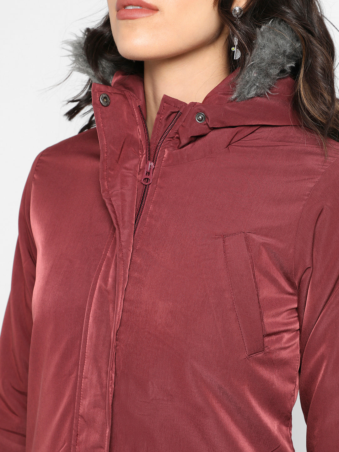 Maroon Long Puffer Jacket With Fur Detail