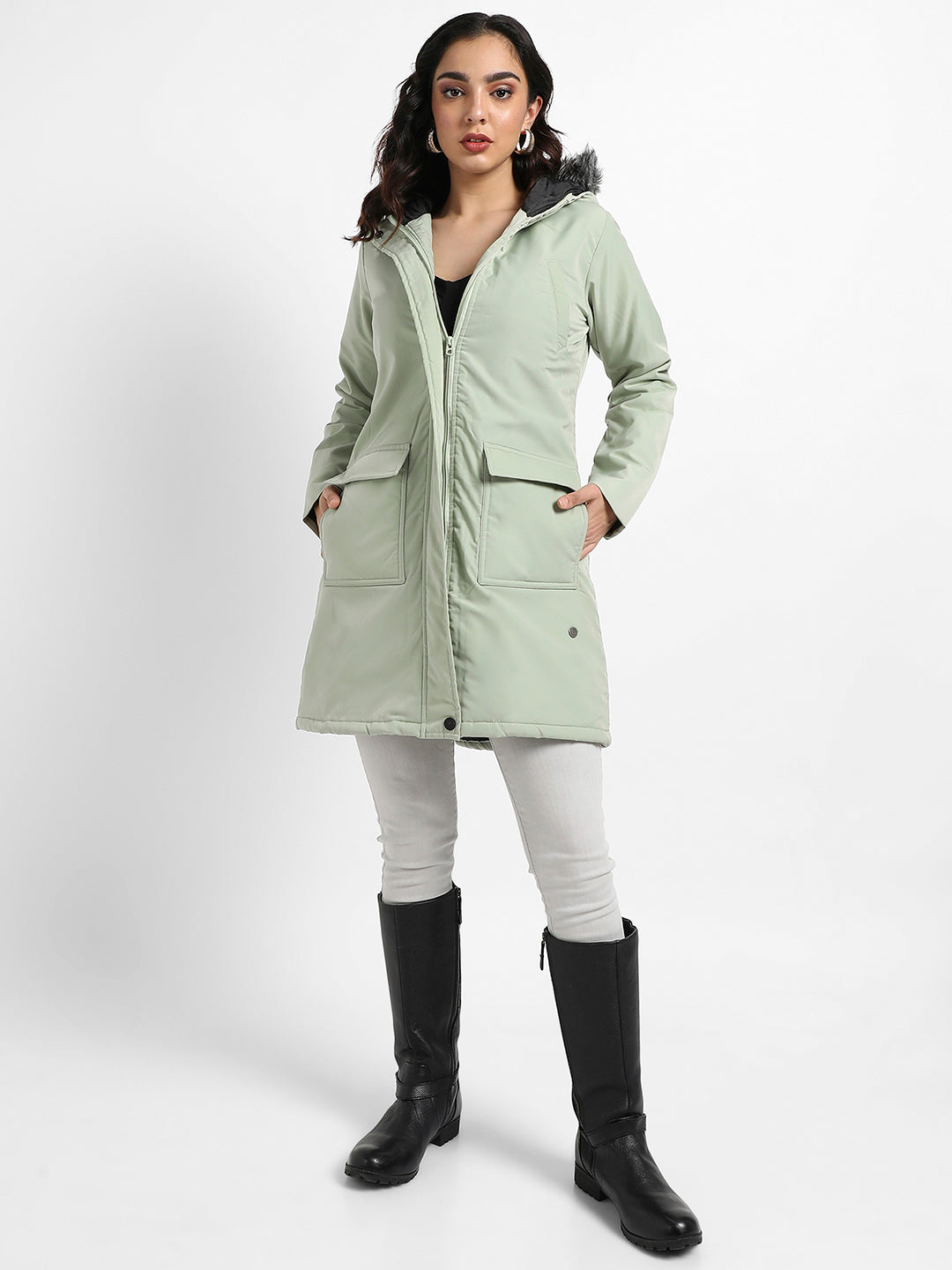 Long Puffer Jacket With Fur Detail