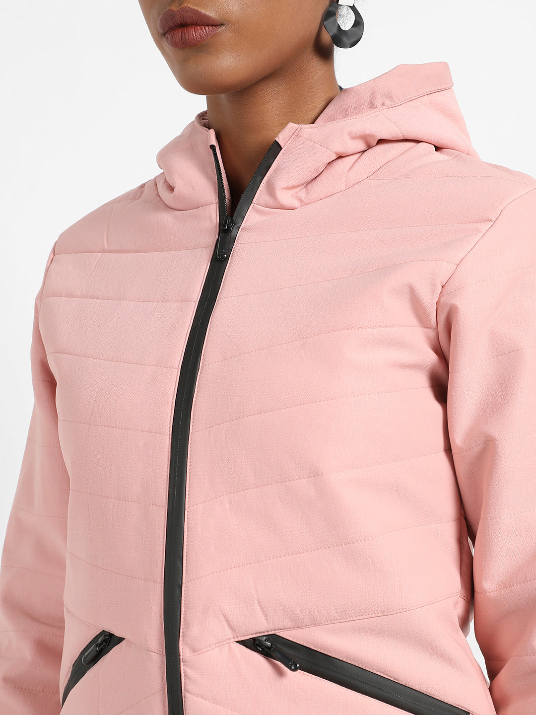 Light Pink Quilted Puffer Jacket With Zipper Insert Pockets