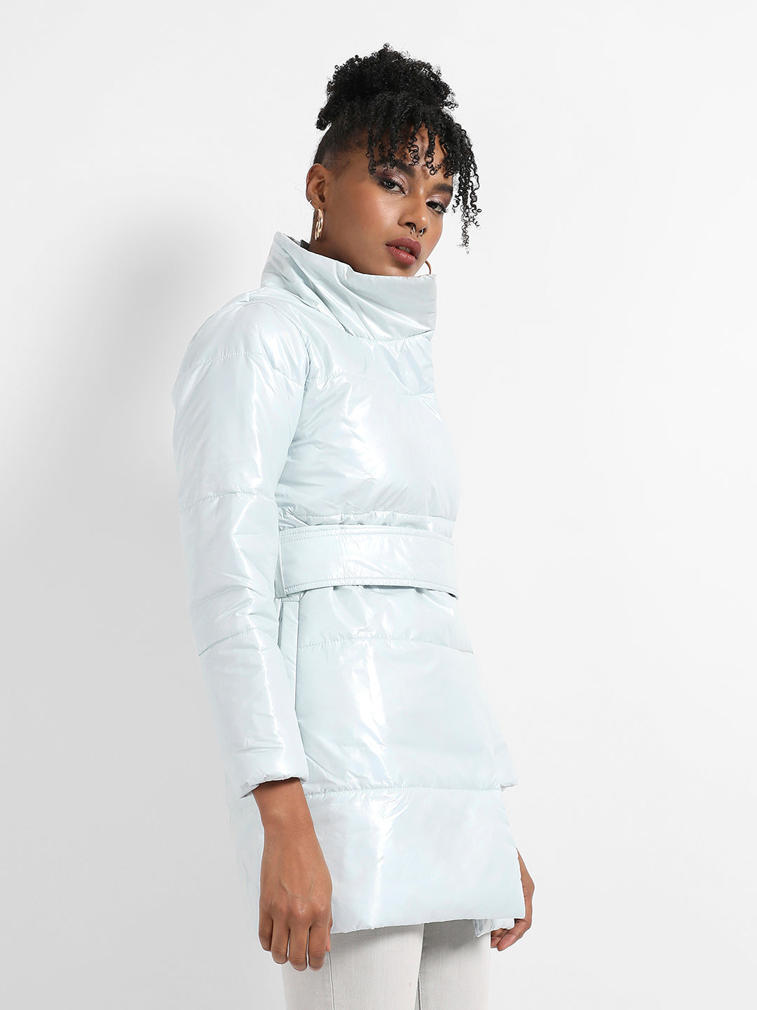 Metallic Belted Long Puffer With Tie-Up Waist