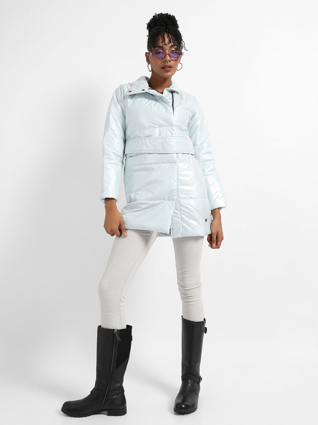 Metallic Belted Long Puffer With Tie-Up Waist