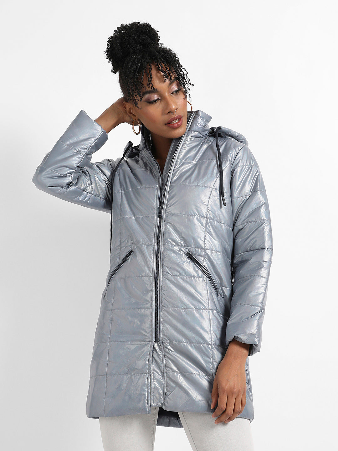 Metallic Quilted Puffer Jacket With Zip Closure