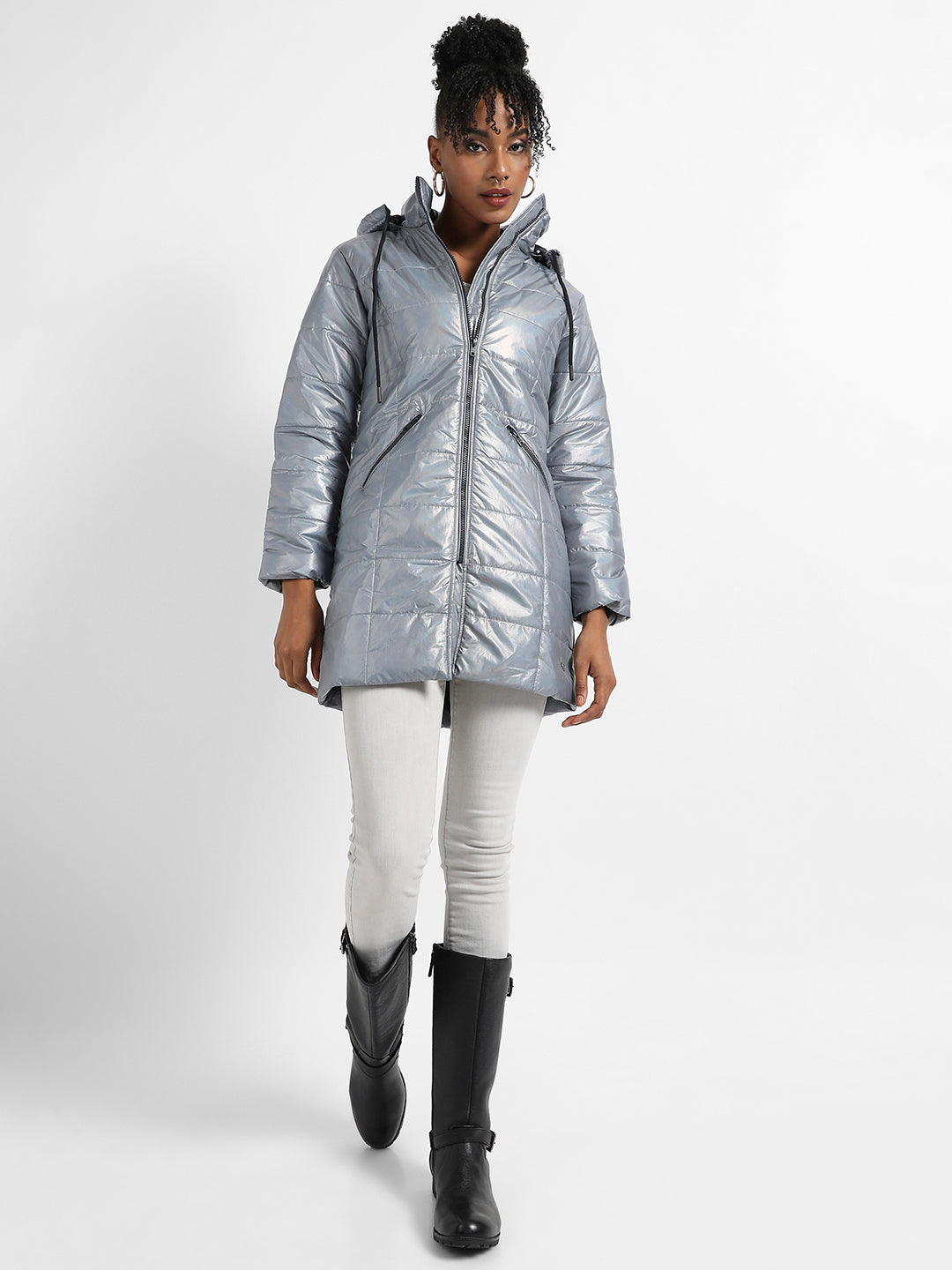 Metallic Quilted Puffer Jacket With Zip Closure