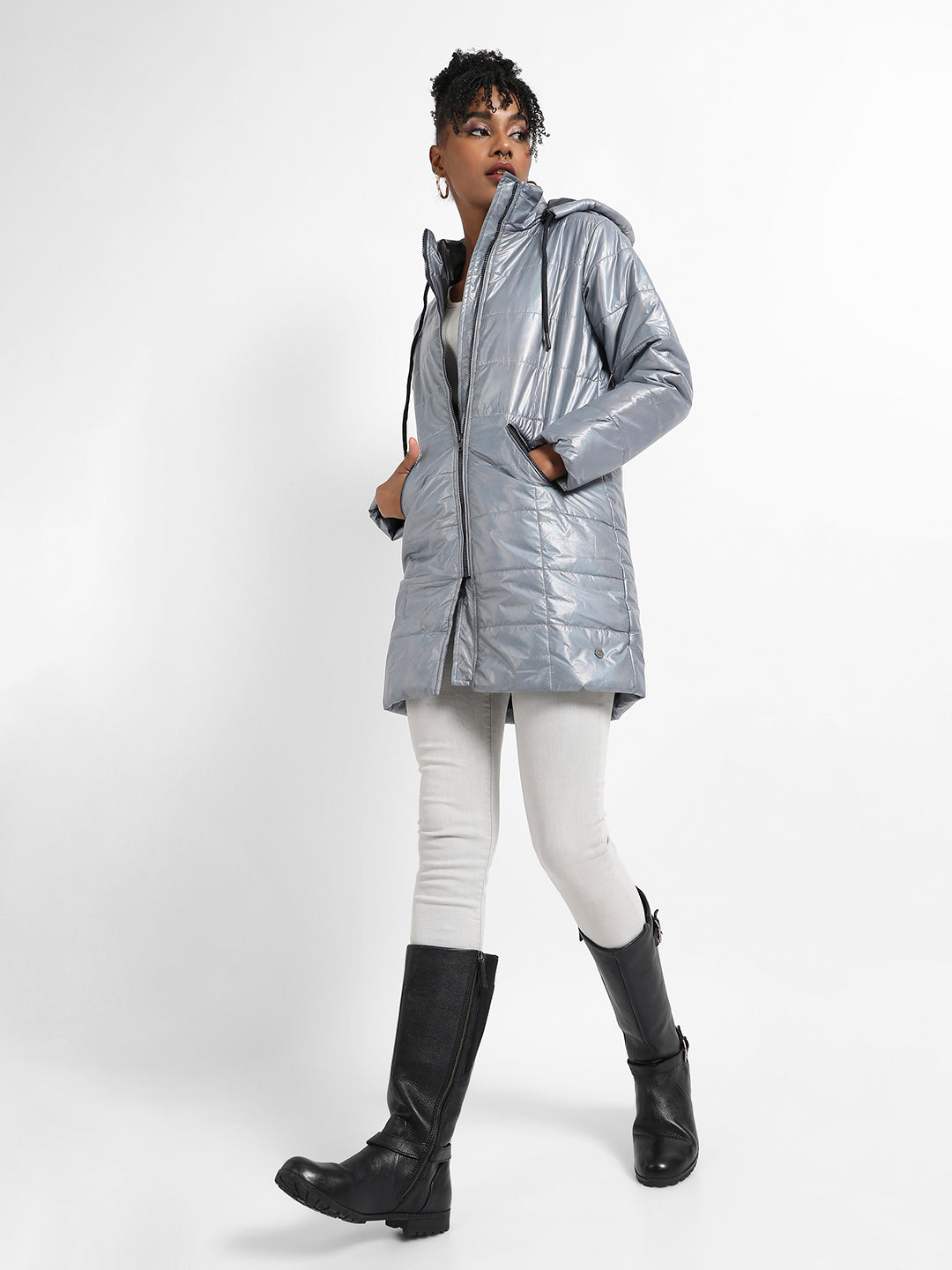 Metallic Quilted Puffer Jacket With Zip Closure