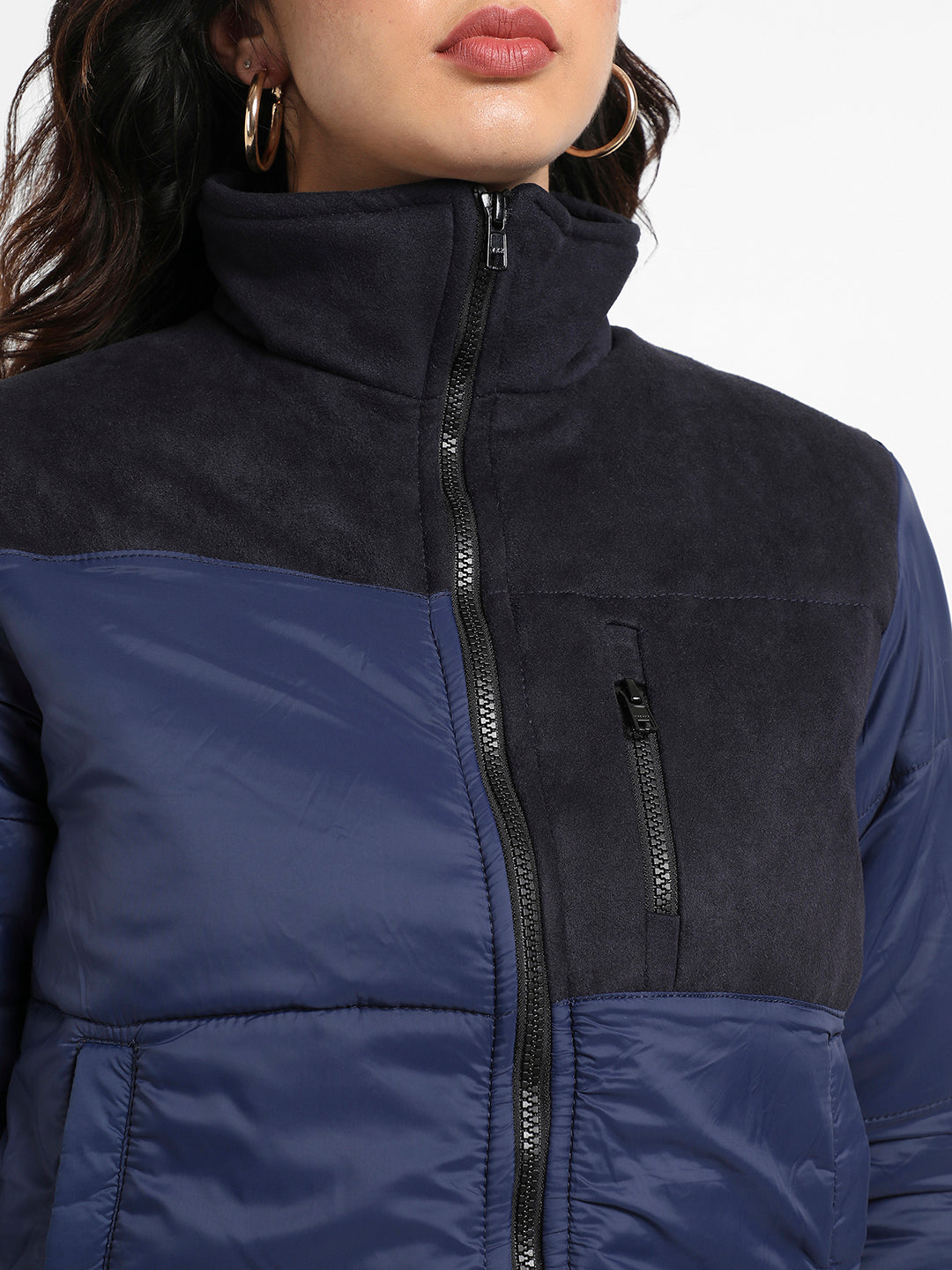 Blue Bomber Jacket With Angled Open Pockets