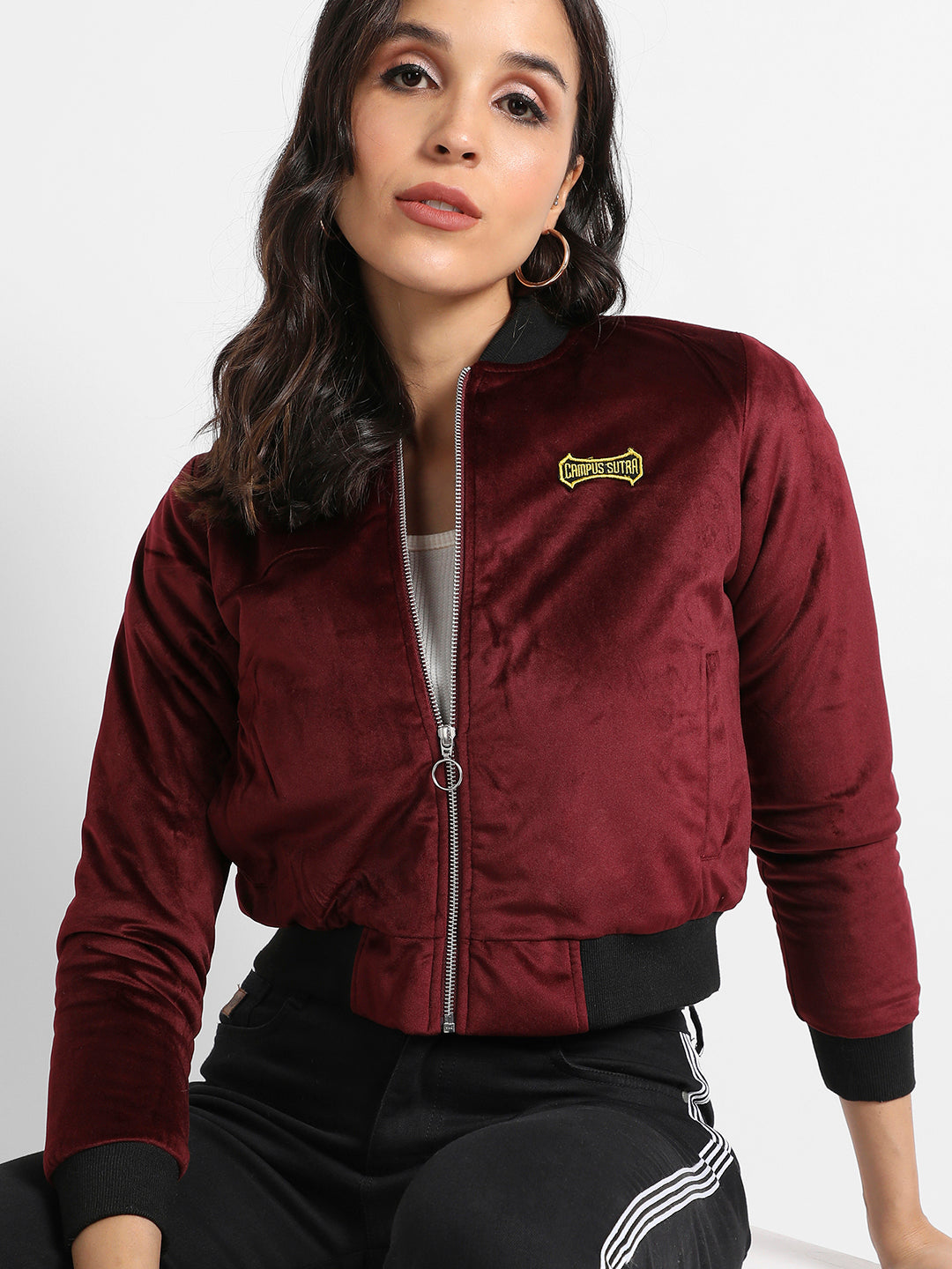 Velvet Bomber Jacket With Ribbed Hem