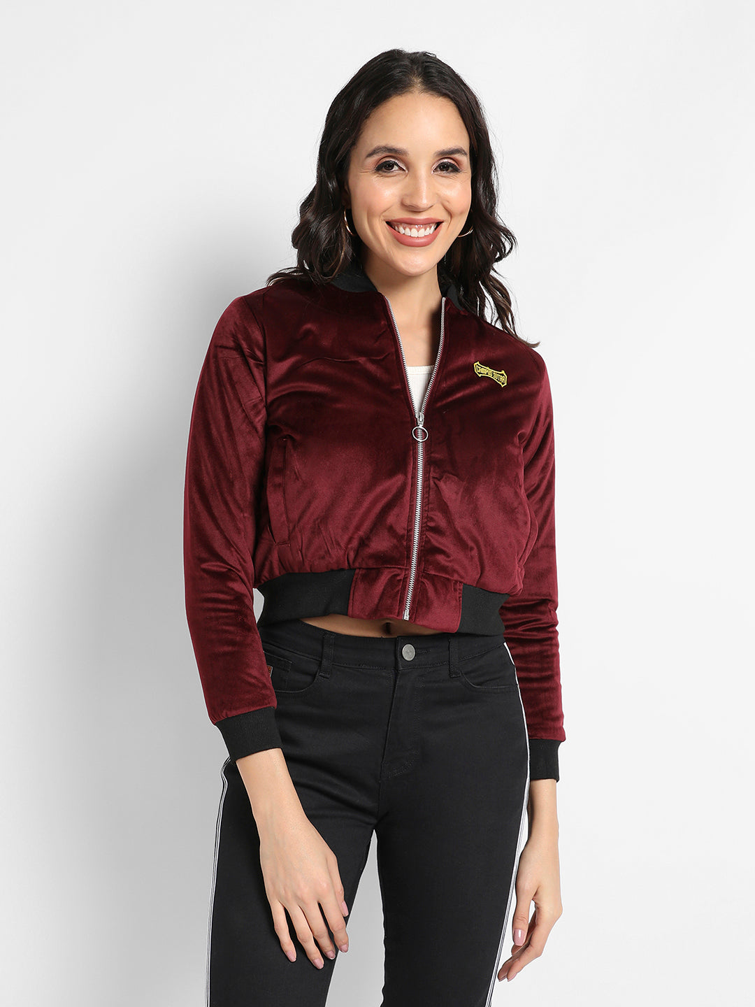 Velvet Bomber Jacket With Ribbed Hem