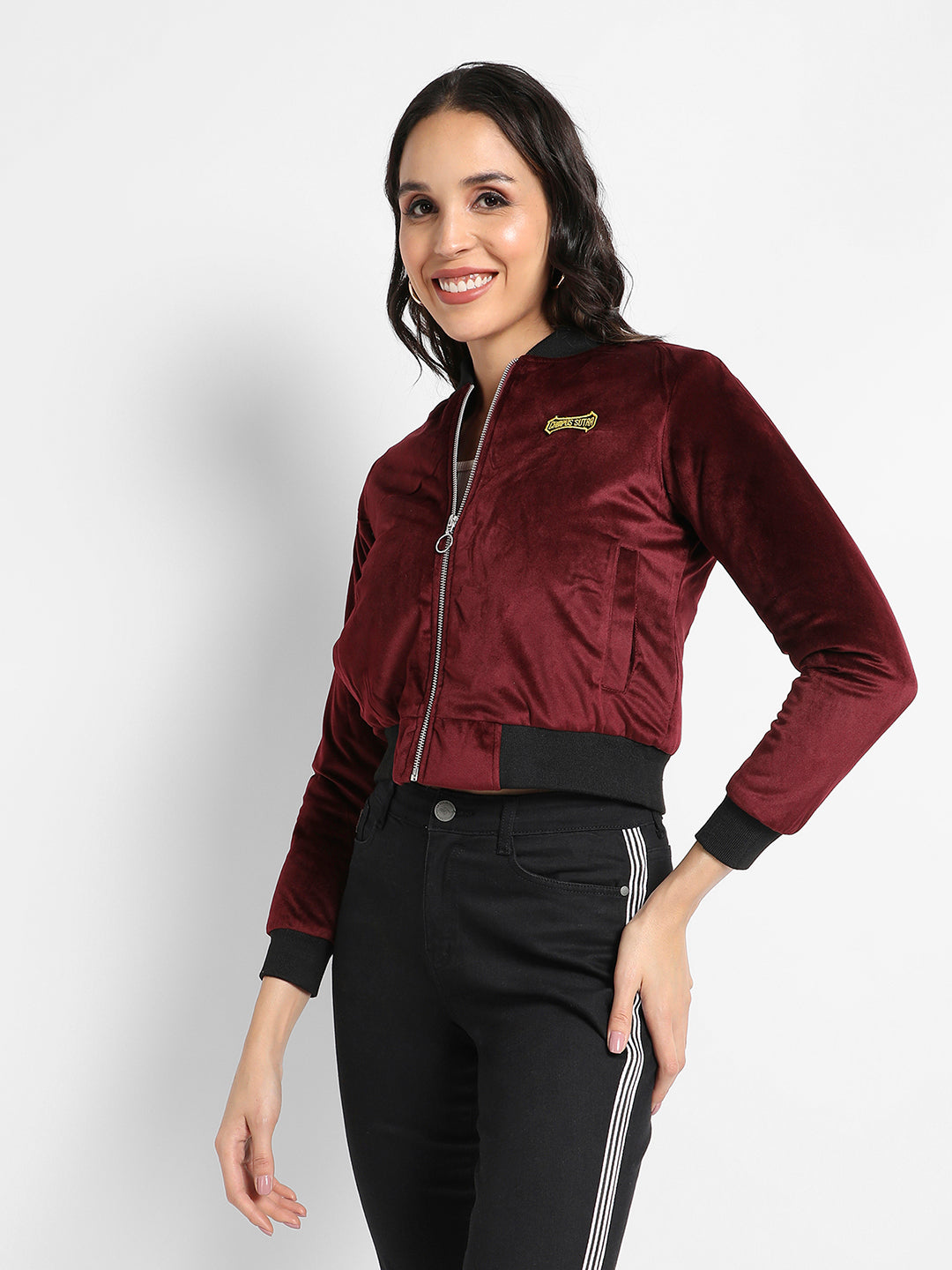 Velvet Bomber Jacket With Ribbed Hem