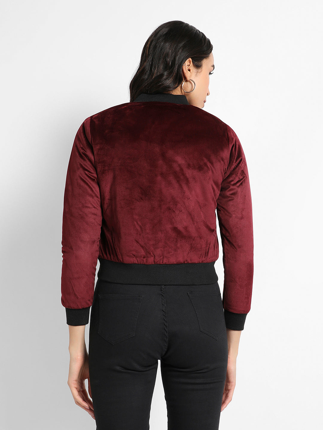 Velvet Bomber Jacket With Ribbed Hem