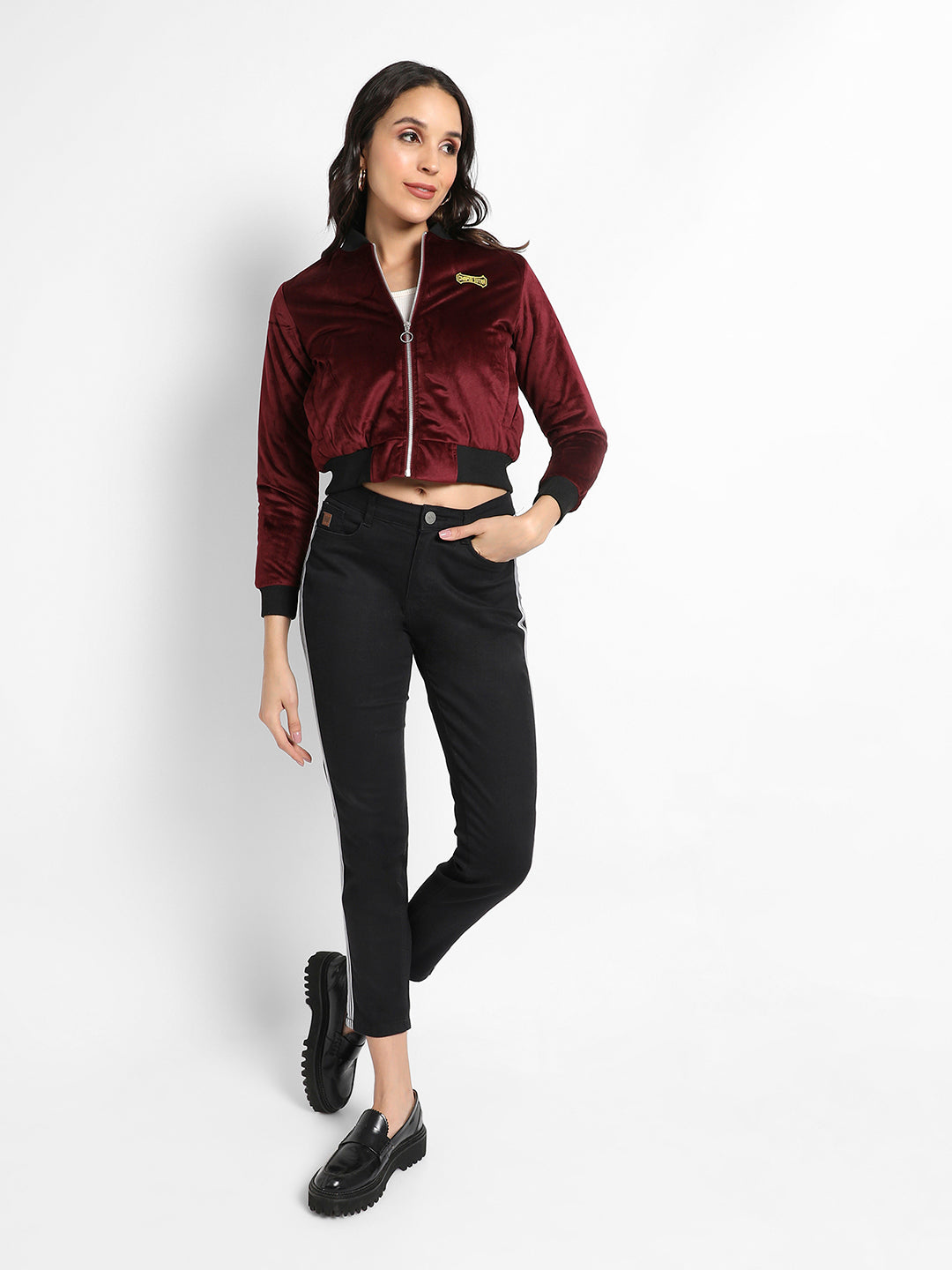 Velvet Bomber Jacket With Ribbed Hem