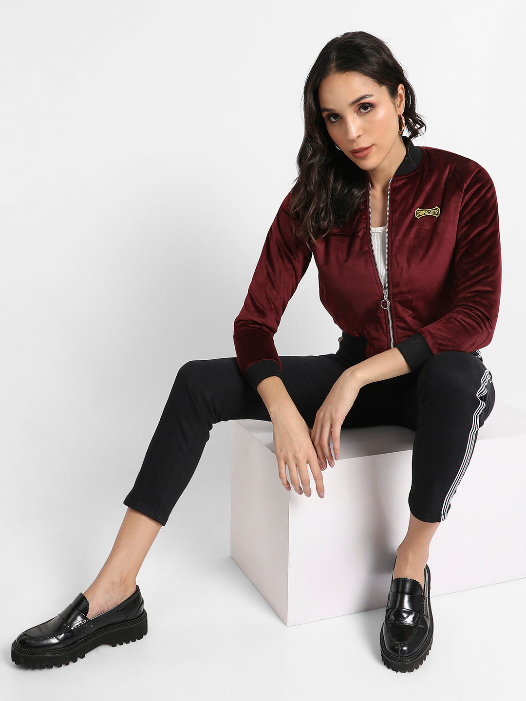 Velvet Bomber Jacket With Ribbed Hem