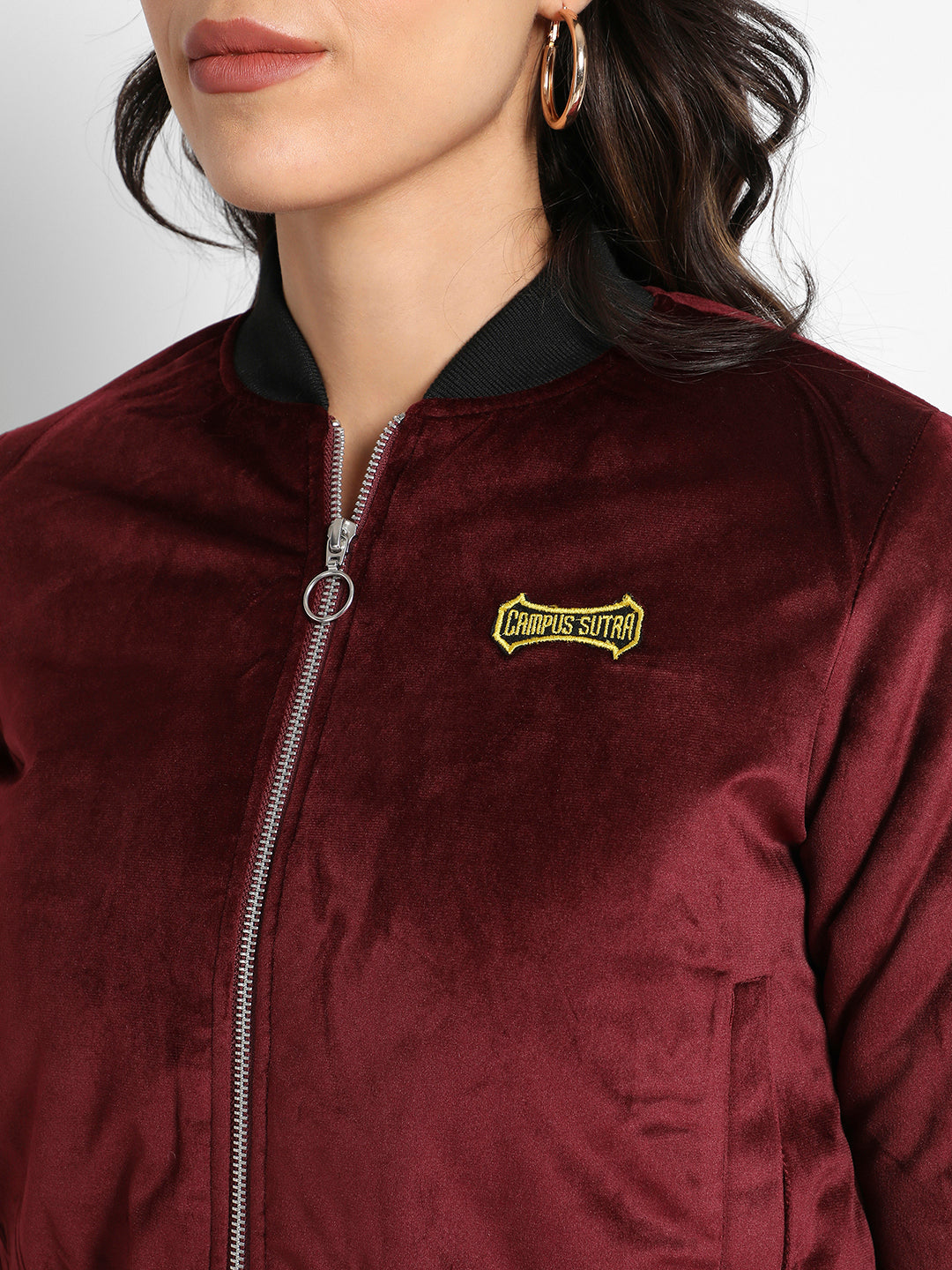 Maroon Velvet Bomber Jacket With Ribbed Hem