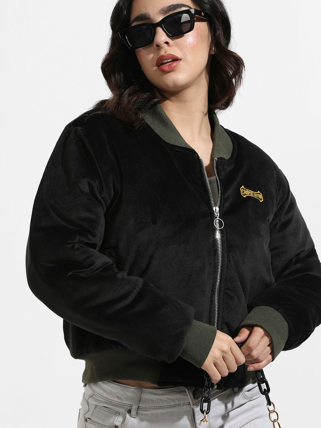 Zip-Front Bomber Jacket With Contrast Hem