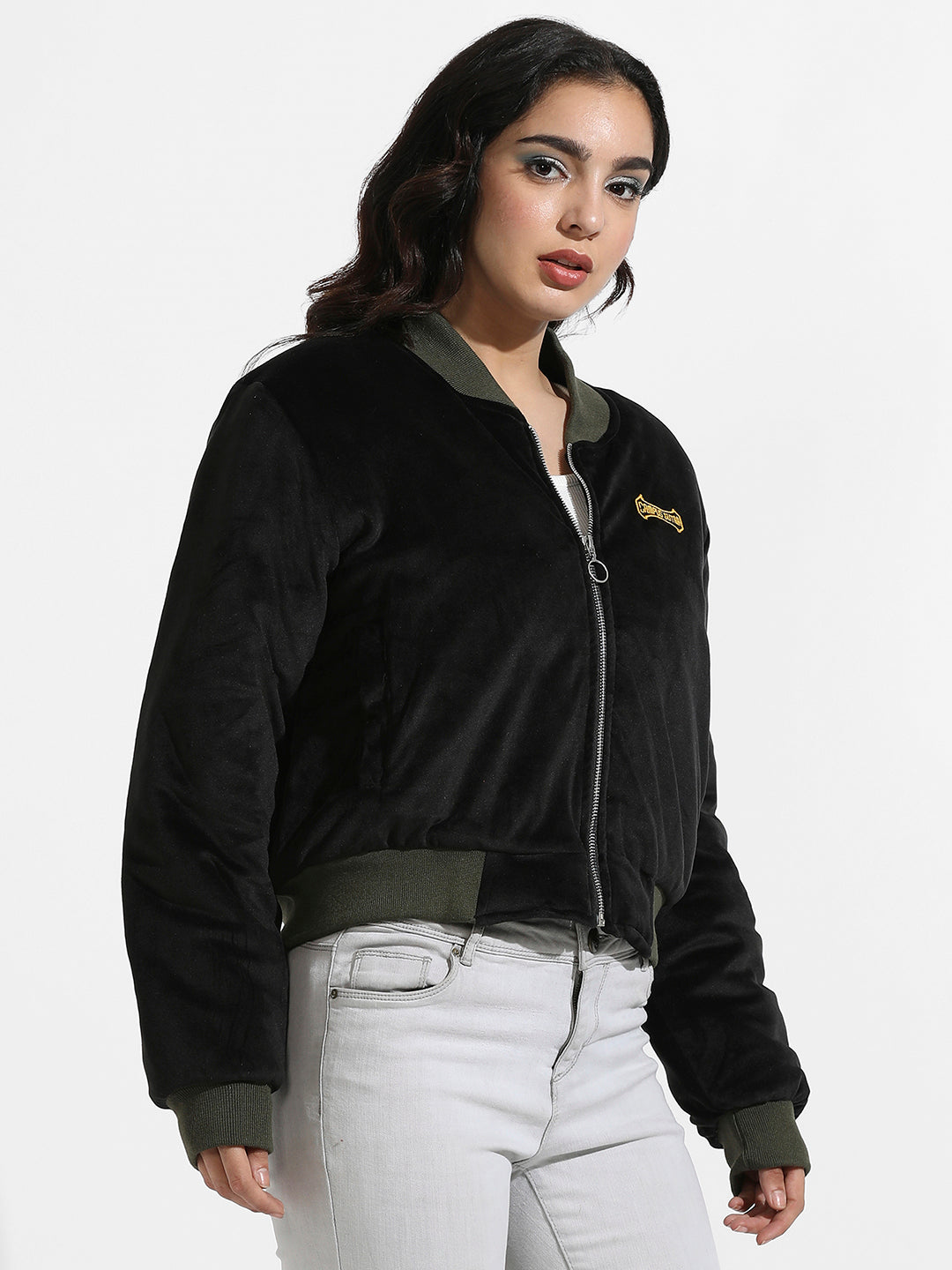 Zip-Front Bomber Jacket With Contrast Hem