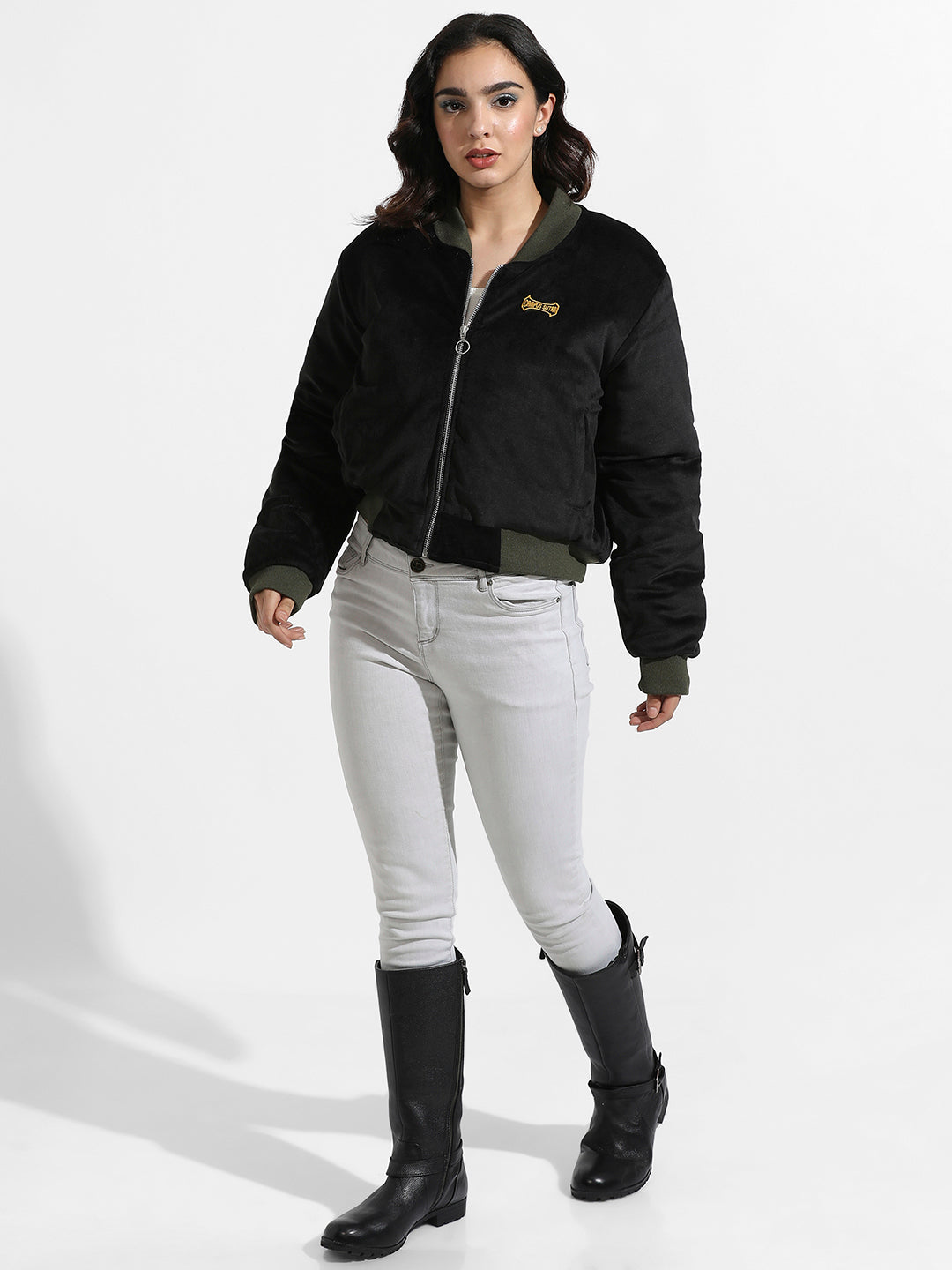 Zip-Front Bomber Jacket With Contrast Hem