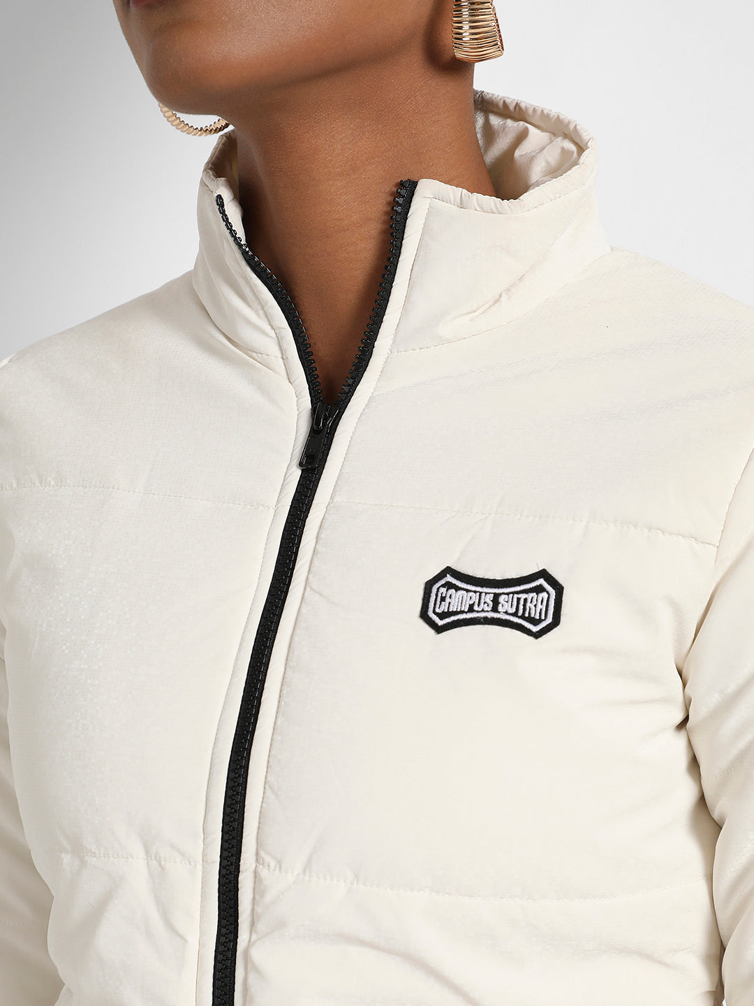 White Zip-Front Bomber Jacket With Insert Pockets