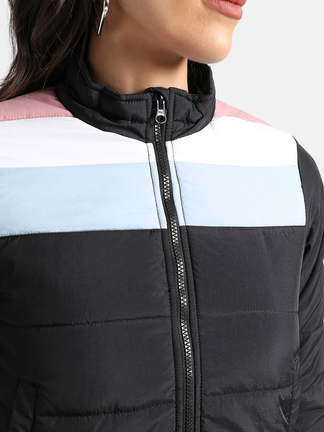 Black Zip-Front Bomber Jacket With Contrast Panels