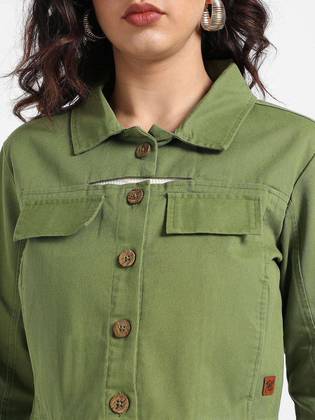 Olive Green Cropped Jacket With Cut-Out Detail