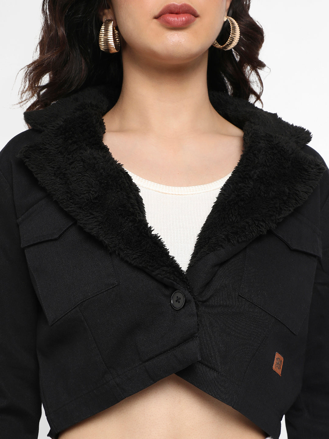 Black Single-Breasted Cropped Blazer With Fur Detail