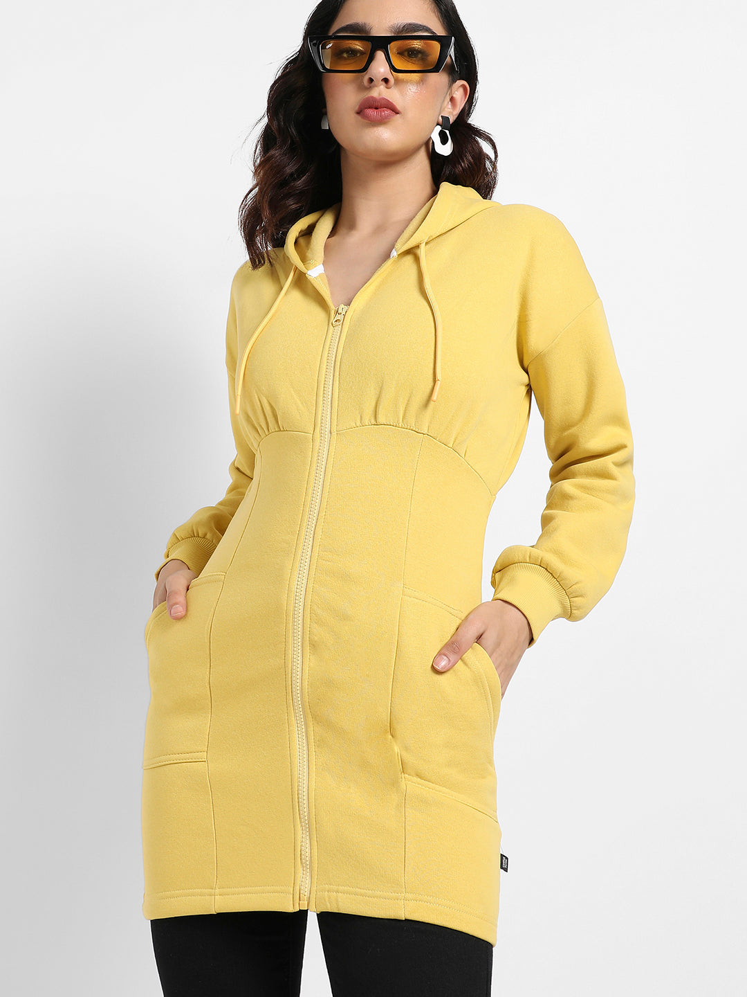 Campus Sutra Women s Yellow Hooded Bodycon Dress With Insert Pockets Campussutra