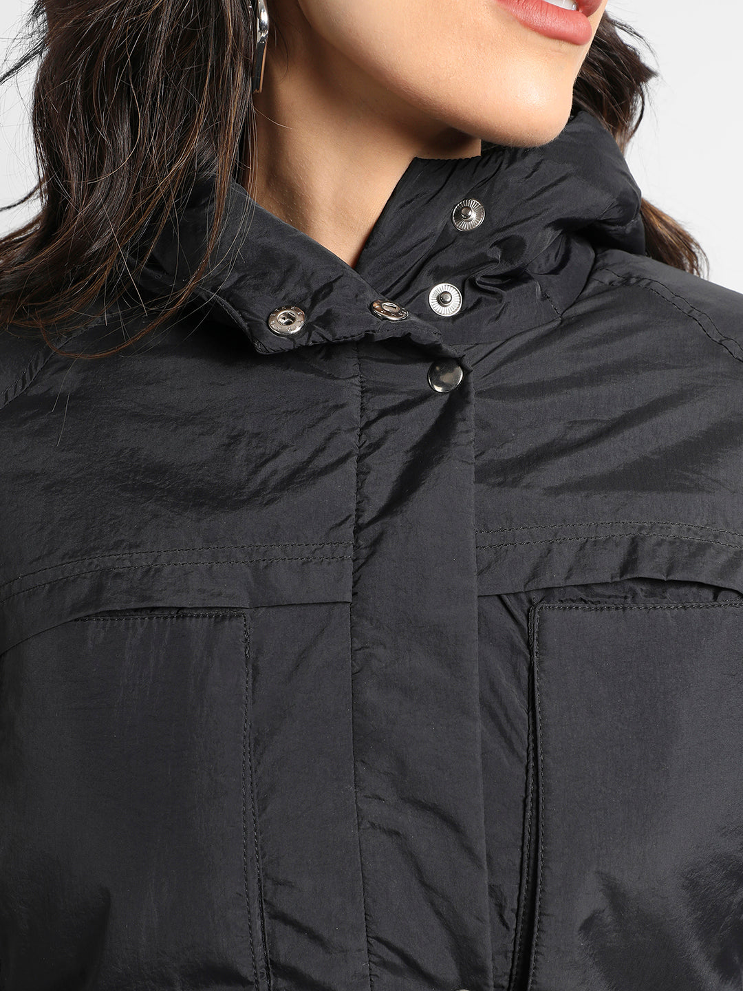 Black Puffer Jacket With Tie-Up Waist