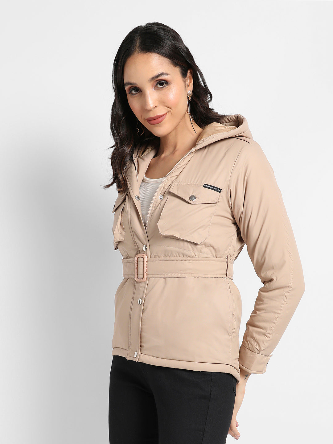 Belted Bomber Jacket With Flap Pockets