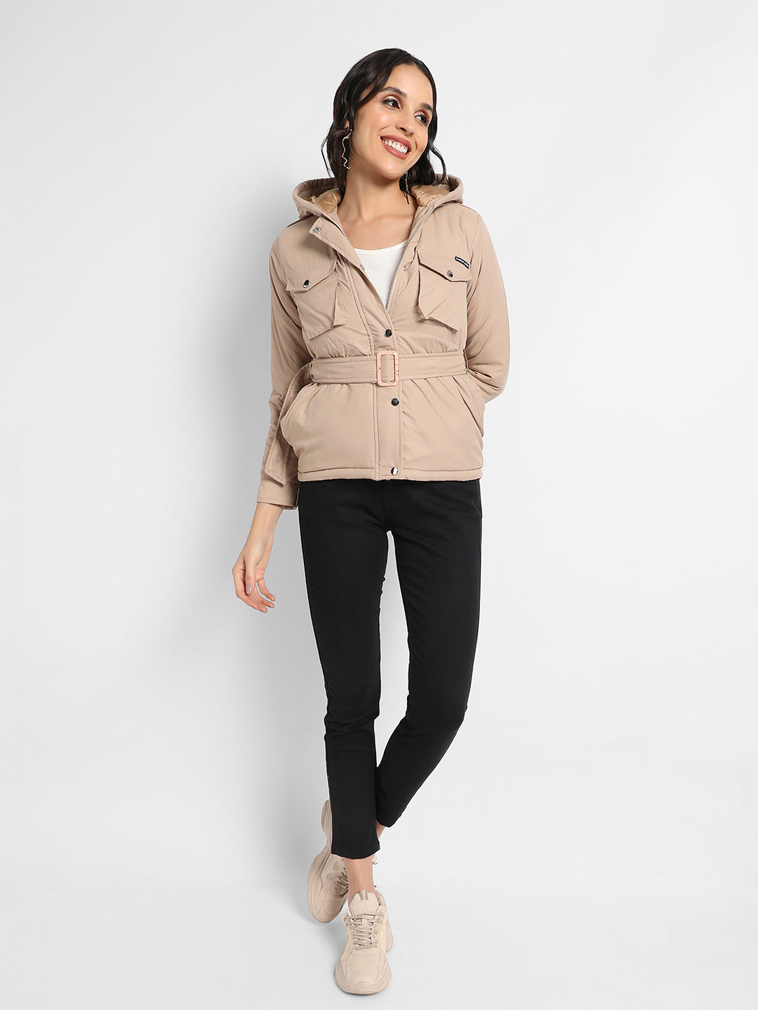 Belted Bomber Jacket With Flap Pockets