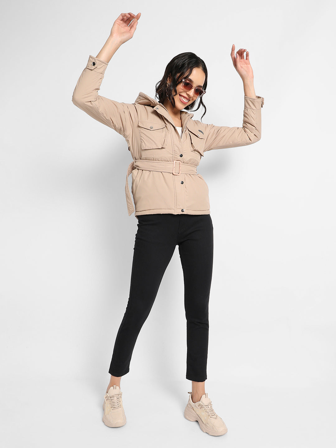 Belted Bomber Jacket With Flap Pockets