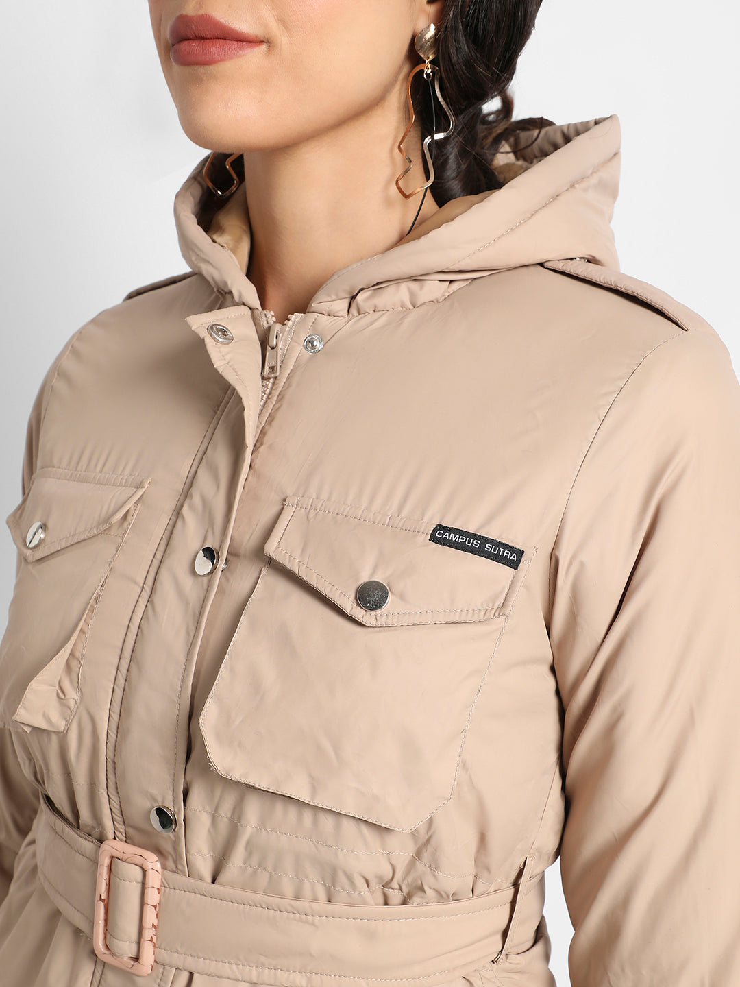 Beige Belted Bomber Jacket With Flap Pockets