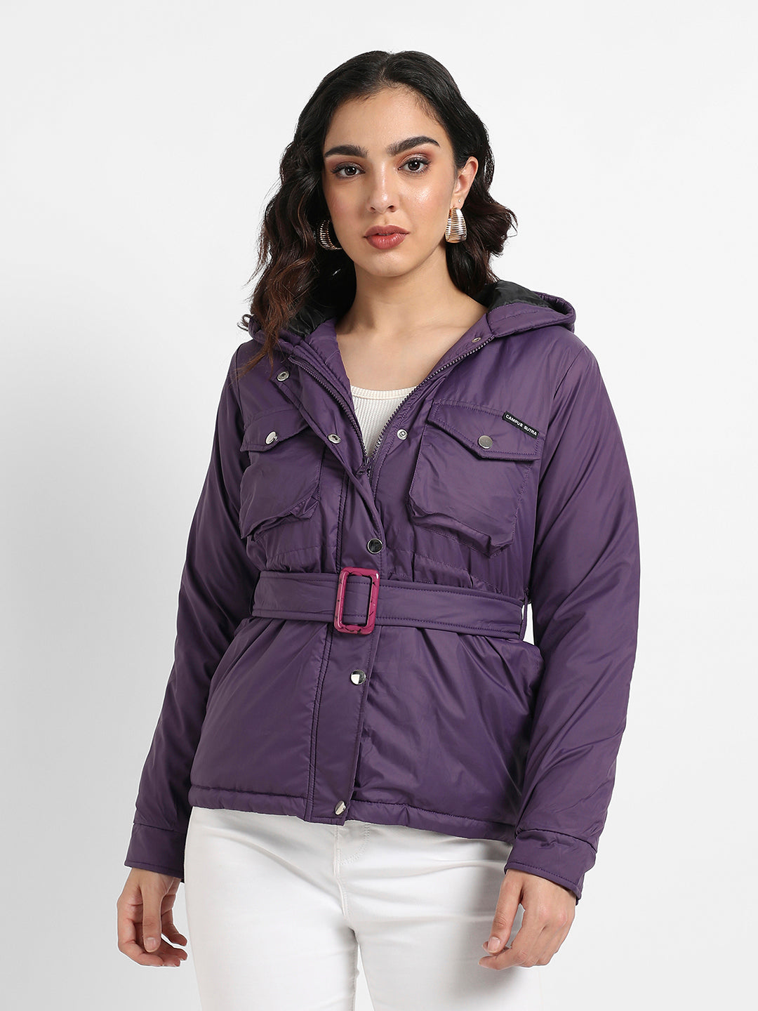 Belted Puffer Jacket With Flap Pockets