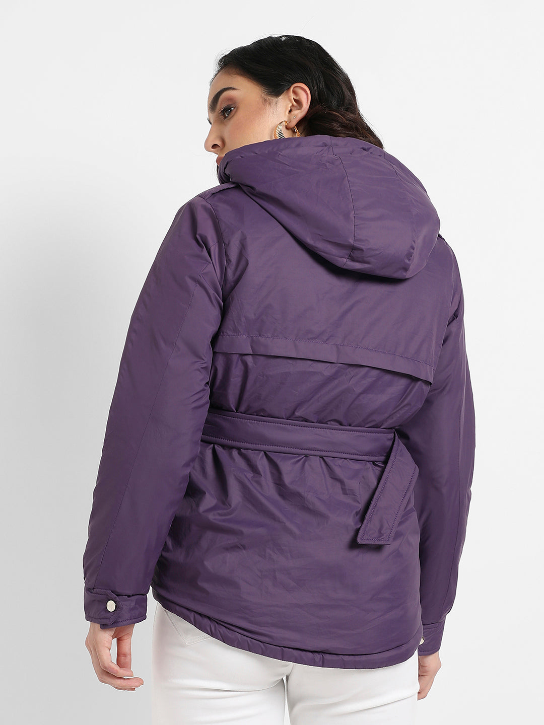 Belted Puffer Jacket With Flap Pockets