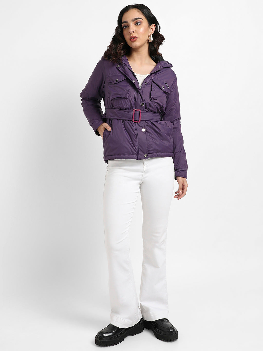 Belted Puffer Jacket With Flap Pockets