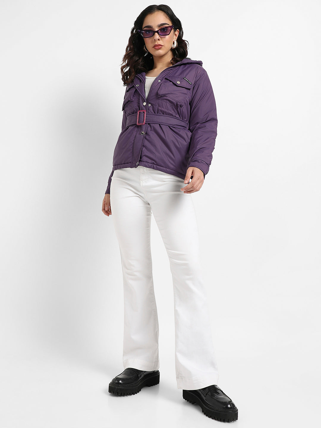 Belted Puffer Jacket With Flap Pockets