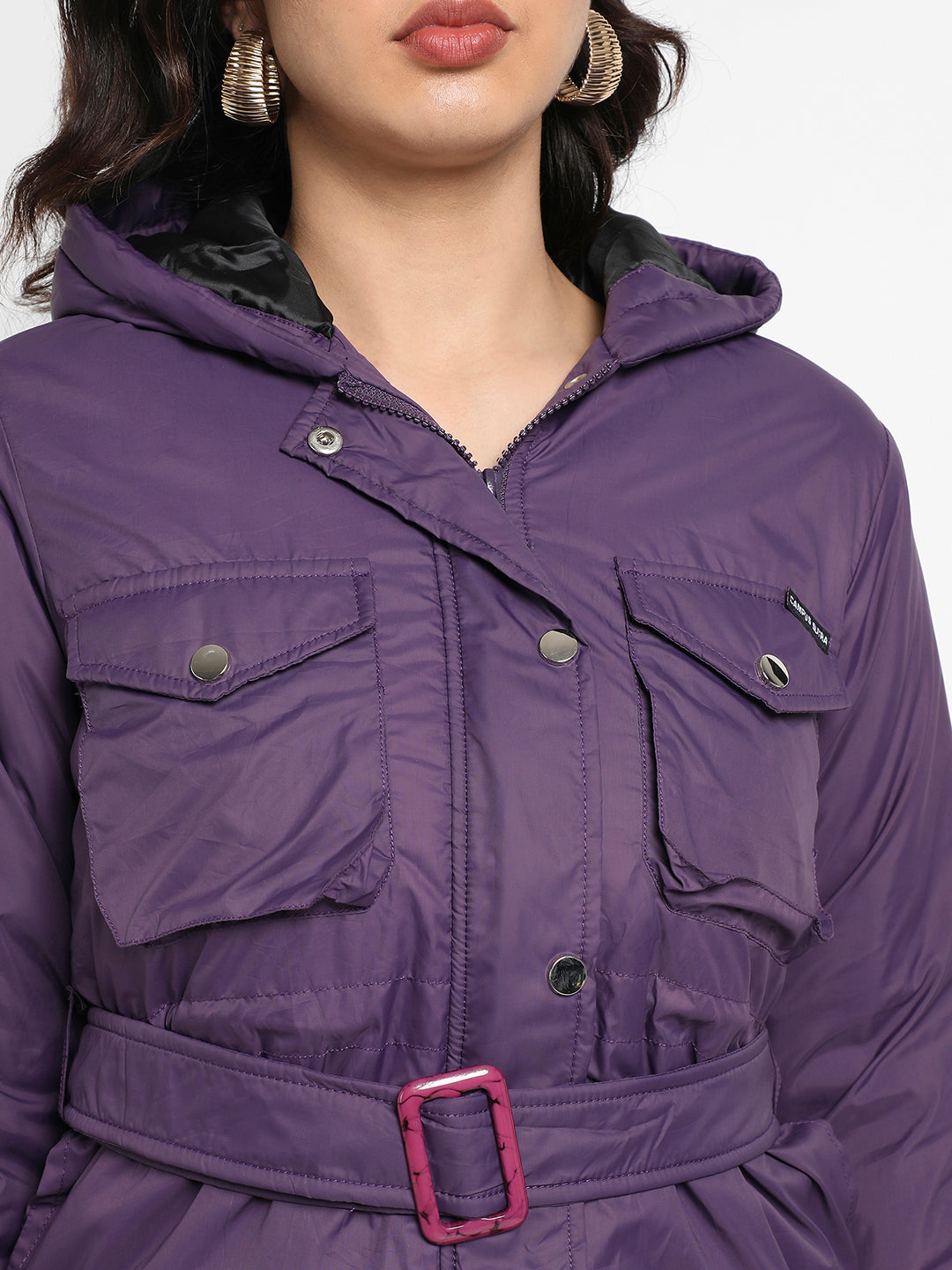 Purple Belted Puffer Jacket With Flap Pockets